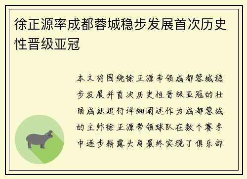 徐正源率成都蓉城稳步发展首次历史性晋级亚冠