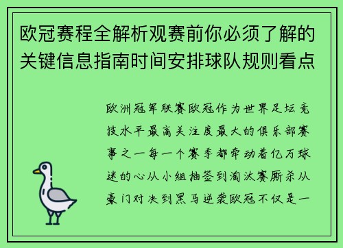 欧冠赛程全解析观赛前你必须了解的关键信息指南时间安排球队规则看点 欧冠赛程全解析观赛前你必须了解的关键信息指南时间安排球队规则看点