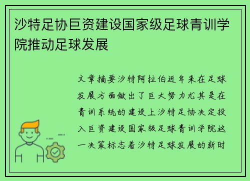 沙特足协巨资建设国家级足球青训学院推动足球发展