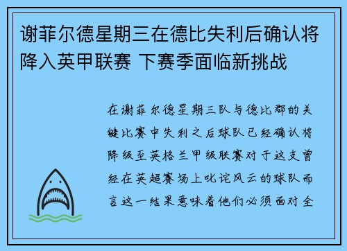 谢菲尔德星期三在德比失利后确认将降入英甲联赛 下赛季面临新挑战